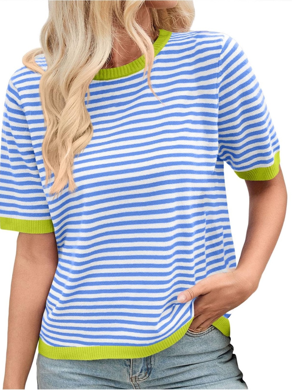 Blue & Lime Striped Short Sleeve Tee